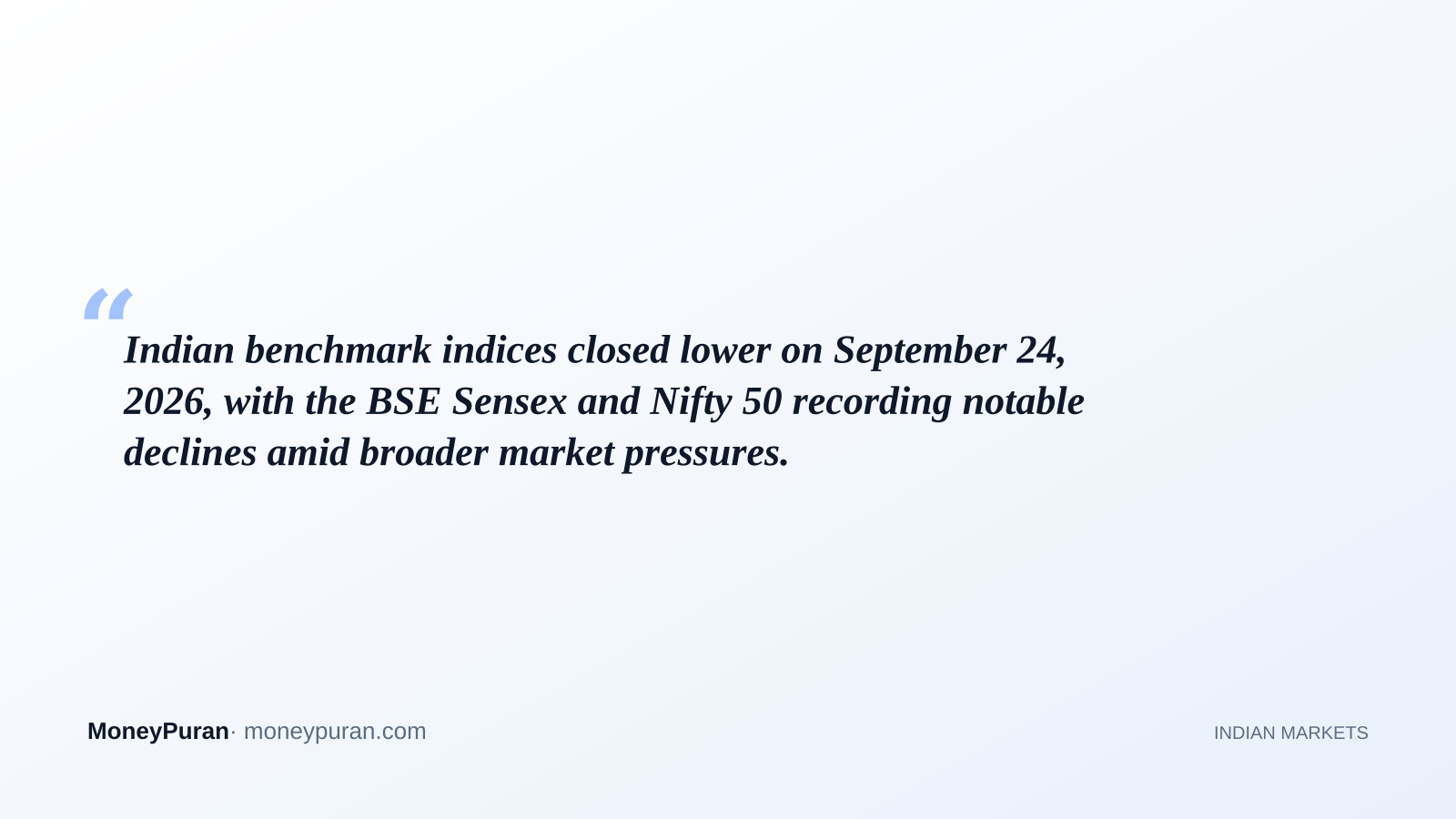 Indian benchmark indices closed lower on September 24, 2026, with the BSE Sensex and Nifty 50 recording notable declines amid broader market pressures.