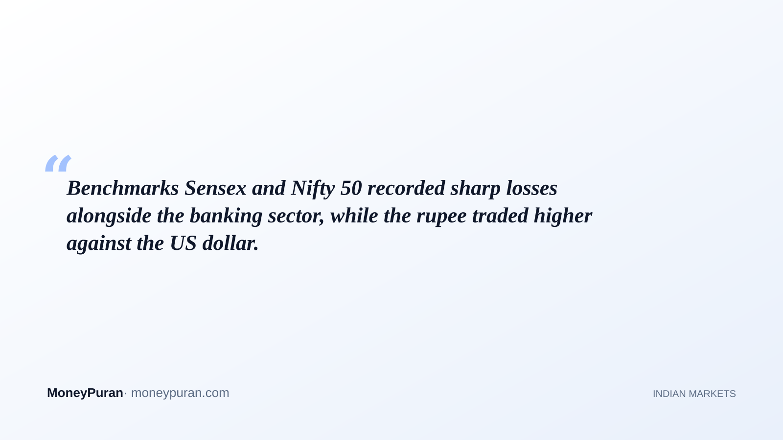 Benchmarks Sensex and Nifty 50 recorded sharp losses alongside the banking sector, while the rupee traded higher against the US dollar.