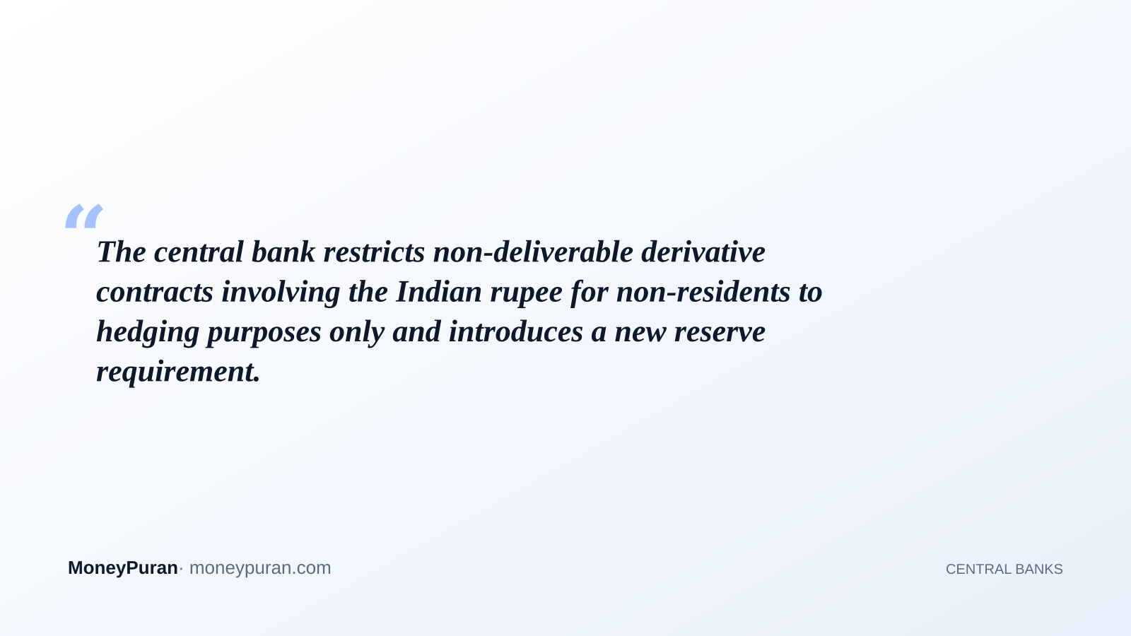 The central bank restricts non-deliverable derivative contracts involving the Indian rupee for non-residents to hedging purposes only and introduces a new reserve requirement.