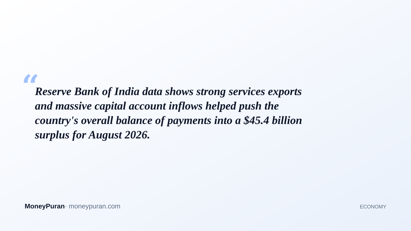 Reserve Bank of India data shows strong services exports and massive capital account inflows helped push the country's overall balance of payments into a $45.4 billion surplus for August 2026.