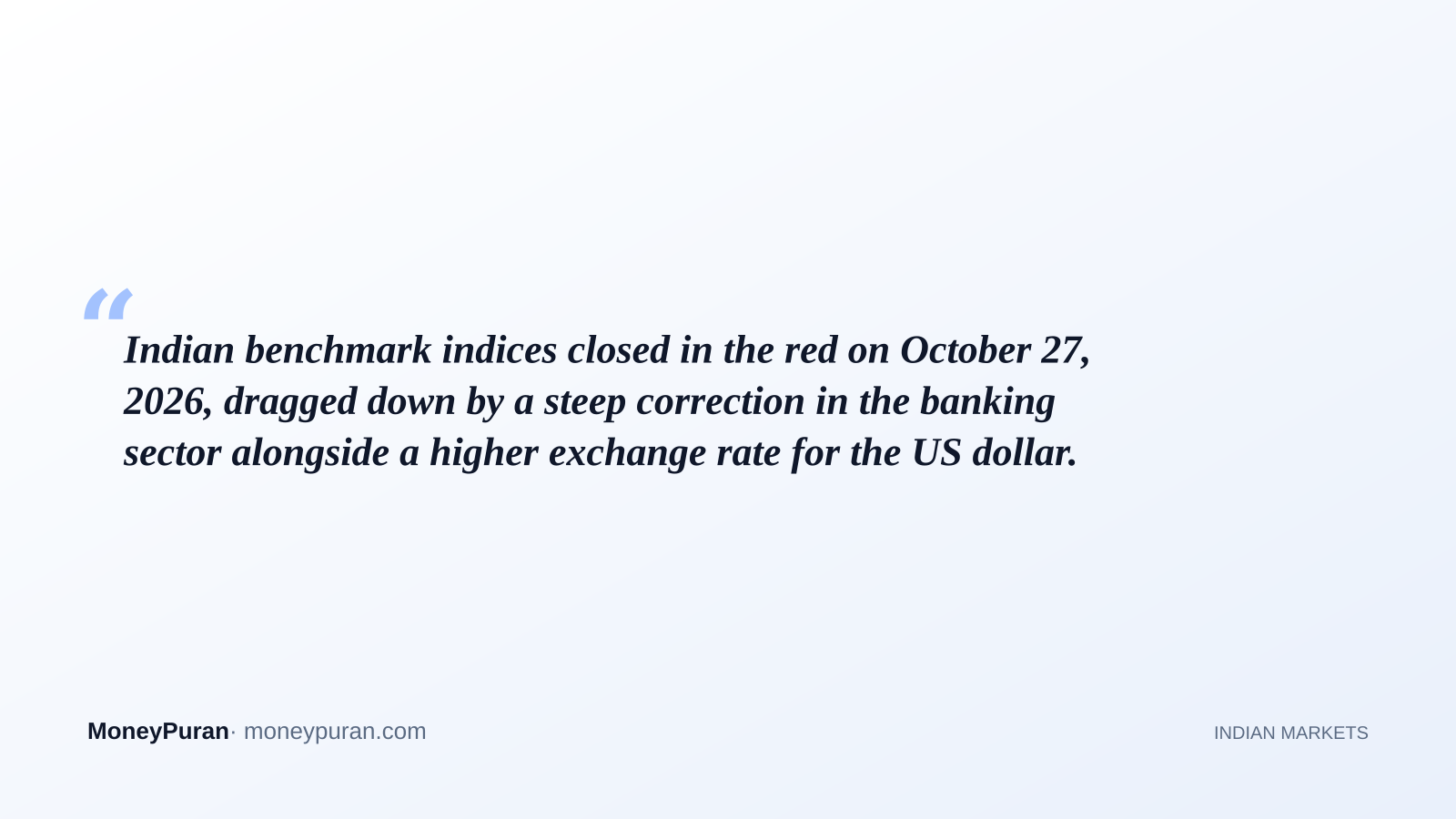 Indian benchmark indices closed in the red on October 27, 2026, dragged down by a steep correction in the banking sector alongside a higher exchange rate for the US dollar.